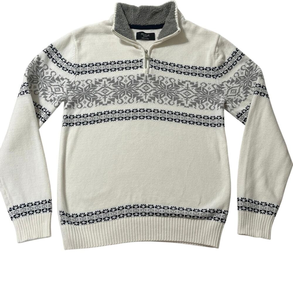 Method Mens Sweater size Medium. White with grey design and thick gray collar.